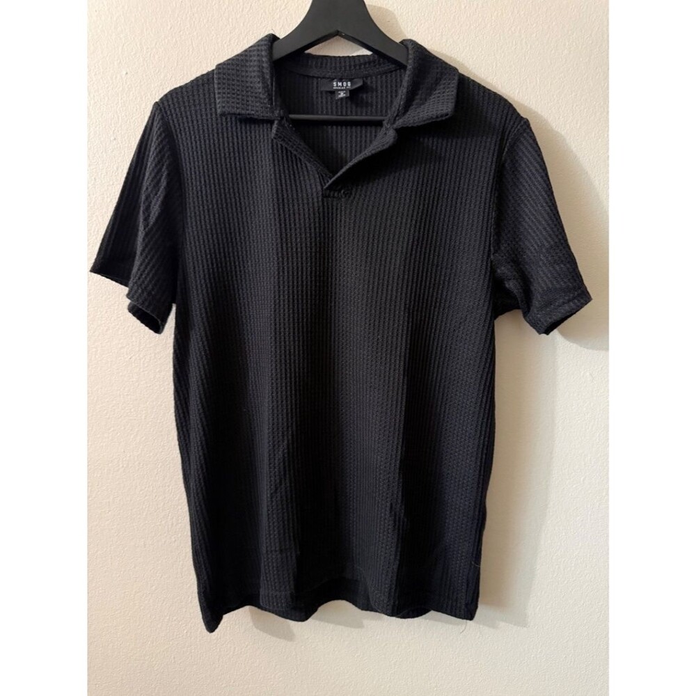 SNDR Men’s Polo Waffle Knit Short Sleeve Black Regular Fit M
